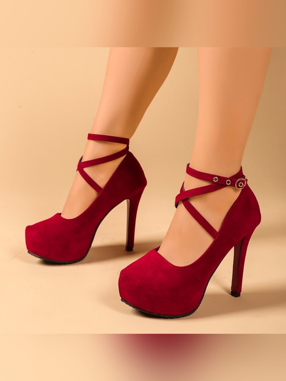 Women’s Burgundy Suede Platform Crisscross Ankle-Strap Pumps